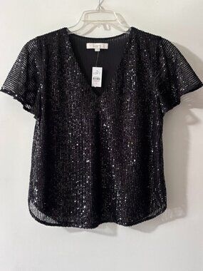 NWT LOFT Black Shimmer Sequin V-Neck Short Sleeve Blouse S